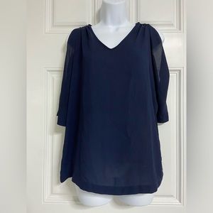 4- NYC Navy Semi-Sheer Cold Shoulder Blouse